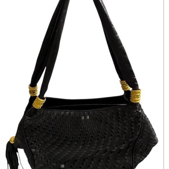 Elegant Black Woven Shoulder bag with Gold Color Accents - Picture 2 of 12